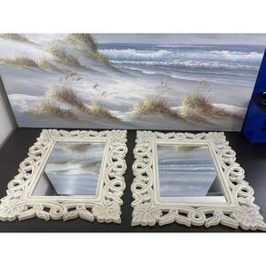Set of 2 Distressed White Ornate Scroll Wall Mirrors Coastal Shabby Chic 12x15